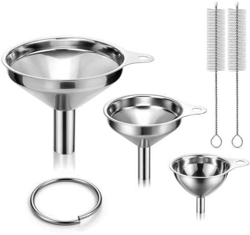 MOPUBZO Set di 3 Imbuti in Acciaio Inox con Manico, piccolo imbuto cucina Ø 4,5/5,5/7,5 cm, include 2 spazzole per la pulizia, imbuti piccoli in acciaio inox per travasare marmellata, olio da cucina