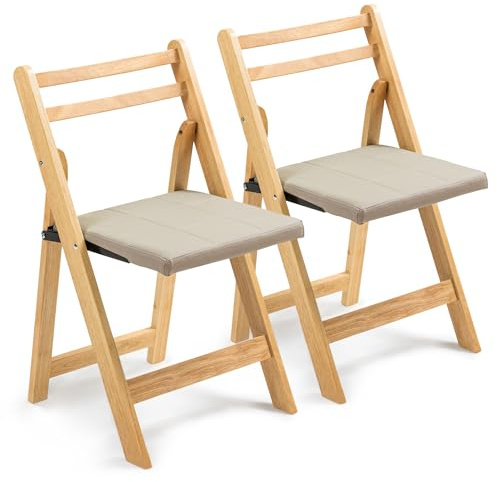 Villeston Holz-Faltstühle mit gepolsterten Kissen, Faltbare Esszimmerstühle mit abriebfestem Kunstleder, tragbar und vormontiert für Gäste, Küche, Büro, Hochzeit und Party， Helles Khaki