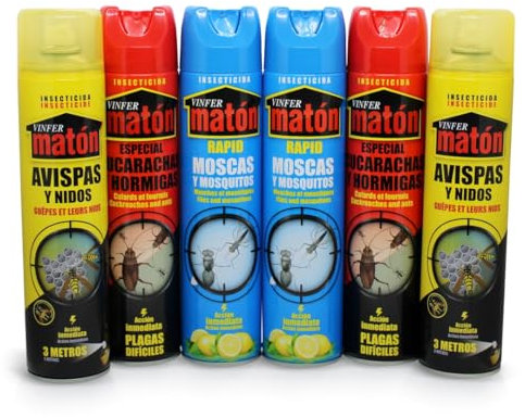 VINFERMATÓN - Pack TRIPLE ACCIÓN Insecticida contra Moscas, Mosquitos, Cucarachas, Hormigas y Avispas - 6 ud