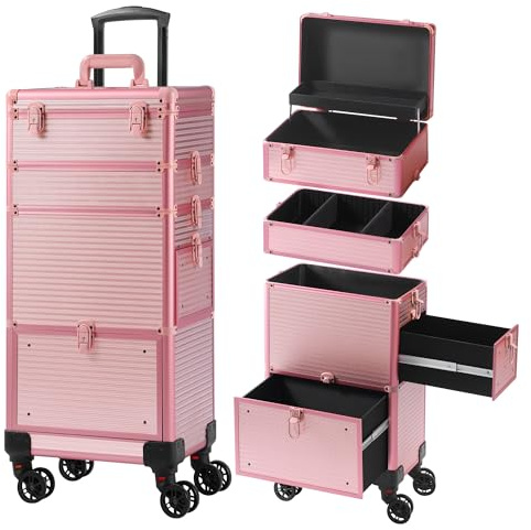 Somduy Makeup Train Case with Drawer, Rolling Makeup Case, Cosmetology Case on Wheels, Gift, Travel Makeup Organizers, Profesional Cosmetic Case for Salon Barber,Nail,Tattoo, Pink