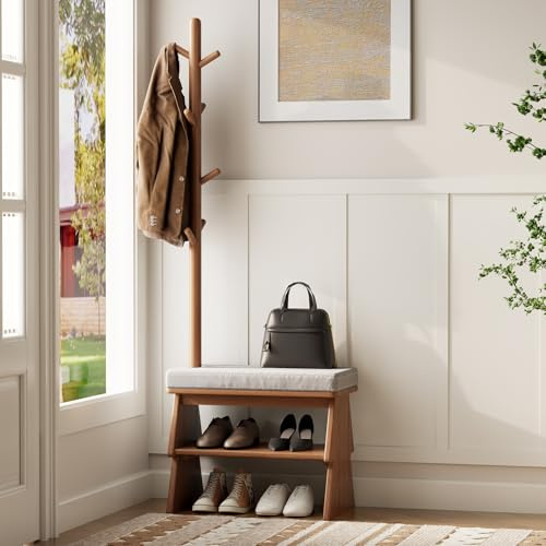 YQJJGL Coat Rack with Shoe Storage,Shoe Rack whit 8 Hook for Offices、Bedroom、Living Room,Small Shoe Bench,Walnut