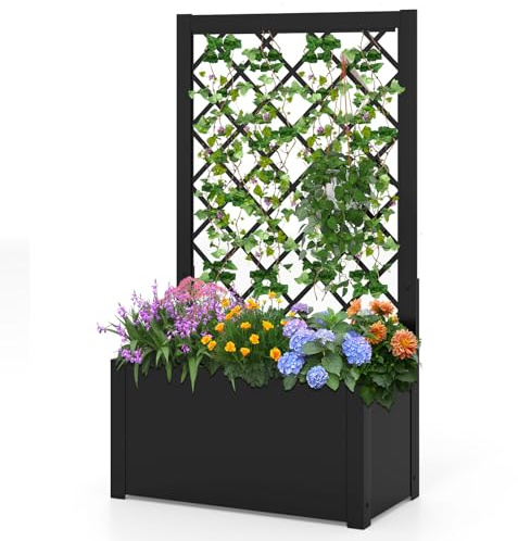 TANGZON Metal Planter with Trellis, Freestanding Raised Garden Bed with Lattice for Vine Climbing Plant Flower, Indoor Outdoor Elevated Trough Planter Box for Patio Balcony Yard (62 x 31 x 112cm)