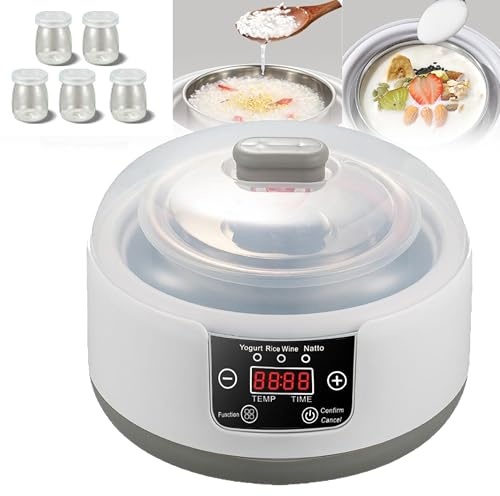Yogurtiera Multifunzione Da 1,2 L, Display Digitale/Fermentatore in Acciaio Inossidabile, Con 5 Bicchieri Da 100 Ml, Timer Intelligente, Riscaldamento A 360°,B