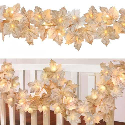 2 Pack Halloween Fall Garland Decorations, 3m/10Ft 20 LED Lights Fall Maples Leaf Autumn Thanksgiving Decor for Christmas Wedding Home, Mantle, Fireplace, Porch, Table, Farmhouse Harvest