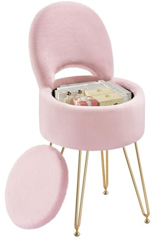 Rolanstar Schminkstuhl mit Stauraum, Schminktisch Stuhl mit Klappbare Rückenlehne, Bürostuhl mit Kunstfell-Sitz, rutschfeste Metallbeine, für Teenager (Rosa, S)