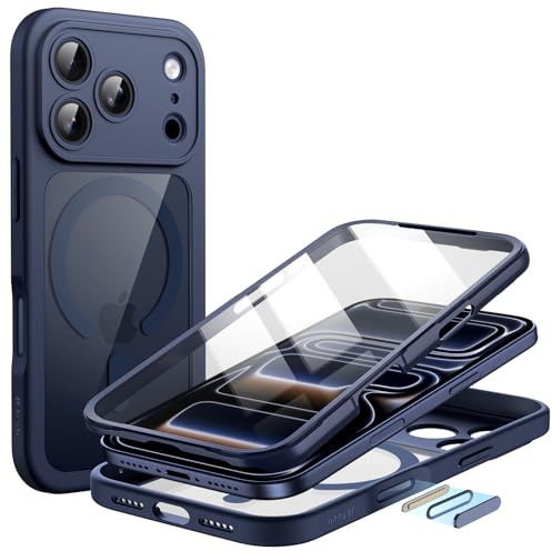 JETech Funda para iPhone 17 Pro 6,3 Pulgadas con Protector Pantalla Cristal Vidrio Templado Incorporada y Botón Control Cámara, Compatible con MagSafe, Carcasa 360 Grados (Azul Oscuro)