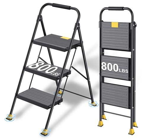 Foldable Step Ladder Folding Stool - 800Lbs Heavy Duty with Handrails for Home Adults Kitchen 3 Stepping Extension Tall - Indoor House Closet Stepstool Stair Ladders Extendable Stepladder