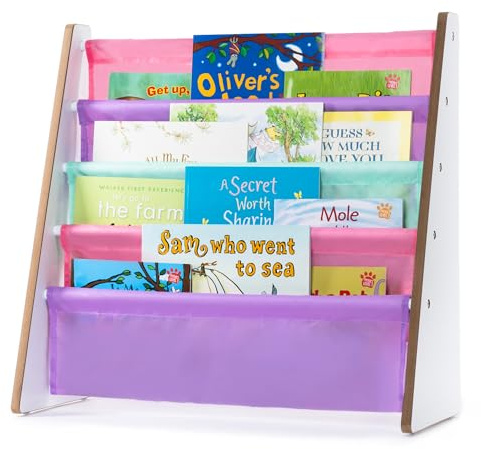 LIVIVO Colorful Kids Bookshelf - 4 Tier Children's Bookcase, Magazine and Book Storage Rack, Wooden Sling Book Organizer, Book Shelf for Kids Room, Bedroom, Nursery, Playroom (Pink)