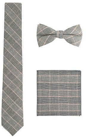 WANYING Homme Classique Coton Nœud Papillon & Cravate Étroit 6 cm & Mouchoir de Poche 3 en 1 Set Casual - À Carreaux Petit Gris