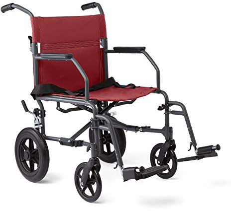 Medline Basic Steel Transport Chair - Full-Length Arms, Swing-Away Footrests, 12 Wheels - Gray/Burgundy - Durable & Convenient Mobility Aid