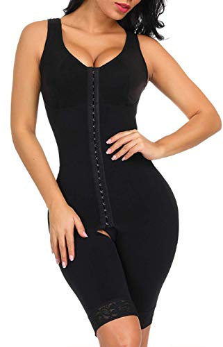 FeelinGirl Shapewear Damen Bauchweg Full Body Shaper mit 3 Haken Verstellbar Miederbody Stark Formend Ganzkörper Schenkel Schlankmacher Po Push Up Überbrust Schwarz XL