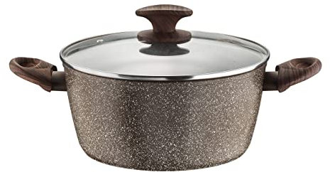 Pintinox Casseruola Alluminio Serie Natura, Antiaderente Effetto Pietra, Manico Effetto Legno, Coperchio in vetro con pomolo soft-touch effetto legno, Adatta all'Induzione, Diametro 24 cm
