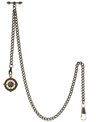 TREEWETO - Cadena de Reloj de Bolsillo con Punta T Bar Albert T-Bar con Colgante de brújula Antigua y 2 Ganchos para Ojal de Chaleco, Bronce