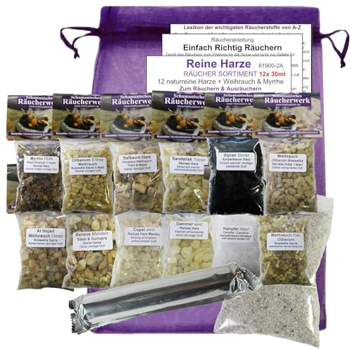12x Harze zum räuchern 16-TLG Set mit AL HOJARI WEIHRAUCH + MYRRHE + Dammar + Styrax + BENZOE + NATURKAMPFER + Olibanum UVM. [4X ZUBEHÖR] Räucherkohle, Räuchersand. 81900-2A