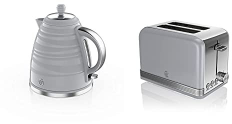 Swan SK31050GRN, Symphony 1.7 Litre Jug Kettle with Rapid Boil, 3000 Watts, Grey & 2 Slice Retro Toaster, Grey, Defrost, Cancel and Reheat Functions, Slide Out Crumb Tray, ST19010GRN