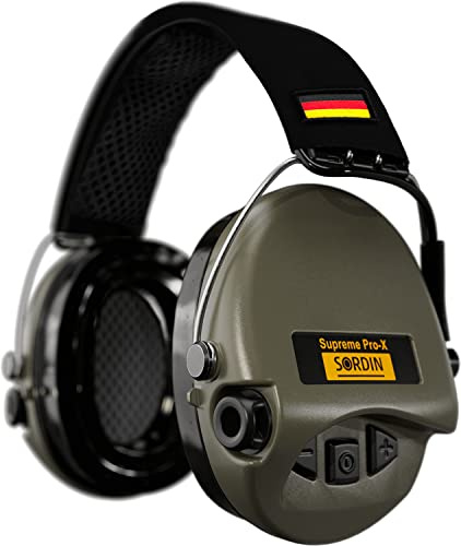 Sordin Pro-X Gehörschutz - aktiver Kapsel-Gehörschützer - schwarzes Kopfband mit DE-Flagge - grüne Kapseln