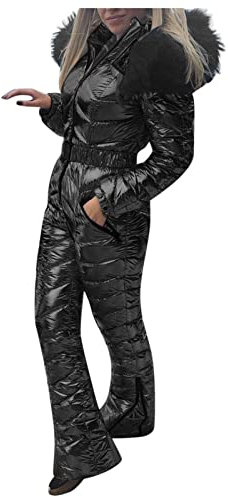 Damen-Skianzug, robust, lässig, dick, für Outdoor-Sport, Reißverschluss, Baumwolle, gepolstert, mit Kapuze, Skianzug, niedlicher Wintermantel, Schwarz , 46