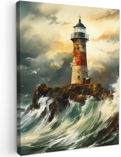 MuchoWow© Leinwände Wall Decoration Bilder Schlafzimmer Deko Pictures | 60x80 cm - Canvas Painting Wanddekoration Wohnzimmer Maritime - Leuchtturm - Wasser - Meer - Felsen - Ölgemälde