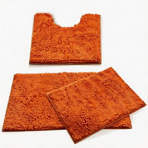 MEGAROOM Chenille Badezimmerteppich Set 3 Teilig, Ultra-weich Badematte & U Förmige wc Vorleger, Antirutsch Badezimmer Set Waschbar für Badezimmer, WC, Wohnzimmer, Schlafzimmer, Orange