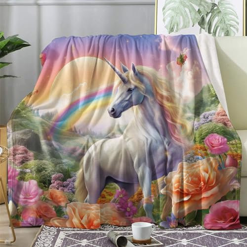 Kuscheldecke Flauschig Einhorn Regenbogen, Decke Wolldecke 150x200 Blumen, Flanell Sofadecke Blanket XL, Fleecedecke Wohndecke Schlafdecke Winter Warm Weich, Deko Decken für Couch Bed