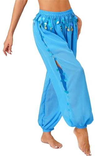 TiaoBug Pantaloni Harem per Danza del Ventre e Yoga con Spacco Laterale in Chiffon con Paillettes - Danze Tribali