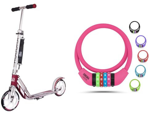 HUDORA 14764/01 BigWheel 205-Das Original mit RX Pro Technologie-Tret-Roller klappbar-City-Scooter, Magenta/Silber & Büchel Fahrradschloss Kinder I Farbenfroh und ohne Schlüssel