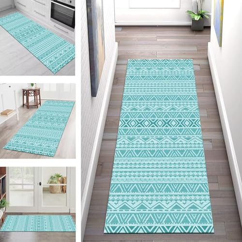 Teppich Läufer Lang Küche Flur Wohnraum Teppichläufer Rutschfest Waschbar Küchenläufer Teppichmatten Türkis Boho Vintage 50X120CM Meterware Läufer Flurteppich Wohnzimmer Schlafzimmer Küchenteppich