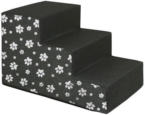 Domarex Haustiertreppe 4 Stufen 30×50×30 cm für Hunde&Katzen rutschfest & wasserdicht - formstabiler Schaum & Abnehmbarer Bezug - Anti-Slip Unterseite - L Grau + Pfoten