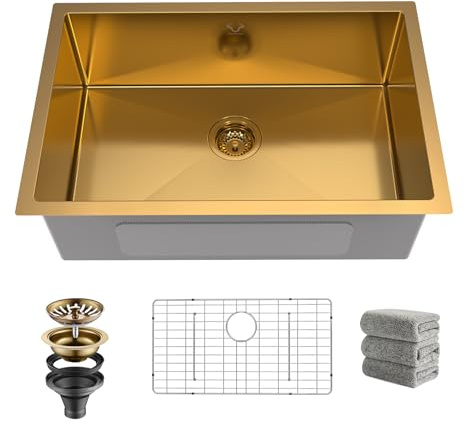Gold Kitchen Sink 27x18 Inch Undermount Kitchen Sink 16 Gauge Stainless Steel Single Bowl with Accessories Round Corners Handmade