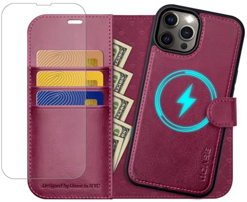 OCASE Abnehmbare Hülle Kompatibel für iPhone 12 Pro Max Burgundy | Handyhülle 2-IN-1 [Magnetische Hülle] [Kabelloses Laden] [Kartenfach] RFID Schutzhülle Etui KlappHülle (2in1)