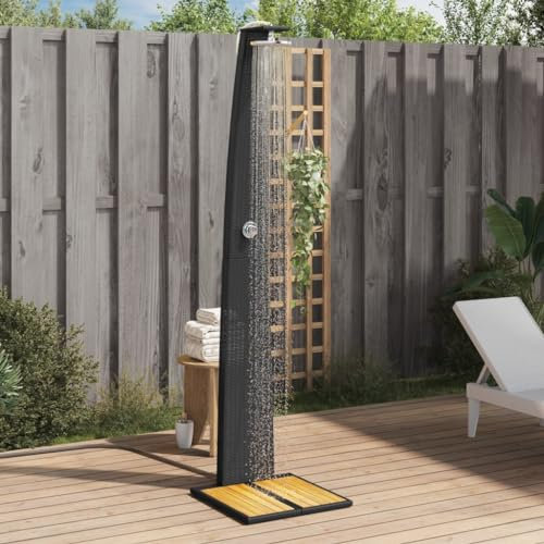 Sufrk Douche d'extérieur noire 55 x 60 x 224 cm en rotin et bois Acacia, douche de jardin, avec repose-pieds et pommeau de douche, rustique - douche extérieure, pour piscine, camping