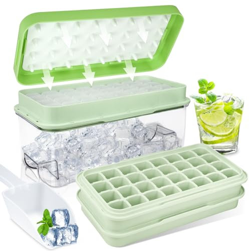 Bac a Glacon, Lot de 64 Glacons Moule de Qualité Alimentaire avec Couvercle et Réceptacle, Double Couche Bac à Glaçons avec Cuillère, Facile à Presser pour Libérer pour Nourriture Bébé, Boisson (Vert)
