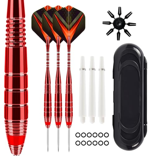 ZLFCypheria 3 stycken dartpilar med metallspets, professionella stållarts med metallspets, steeldartsset, med 3 flygningar, 3 aluminiumskaft, 12 anti-lösa gummiringar, 1 dart fodral (röd fantom)