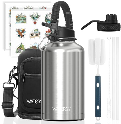 WATERSY 2L Termisk flaska, flaska med 2 lock i rostfritt stål, 40 uns BPA-fri, drickflaska med dubbelväggigt sugrör för kall, 48 timmar/24 timmar, för gym, resor och sport (silver)