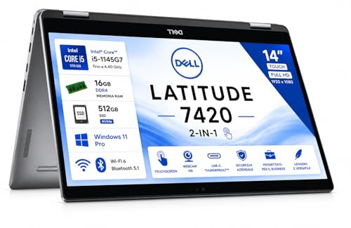 Dell Latitude 7420 2-in-1 14 Touch Full HD, Intel Core i5-1145G7, 16GB RAM, SSD 512GB, Windows 11 Pro, Wi-Fi 6, QWERTY Italiano (Ricondizionato)