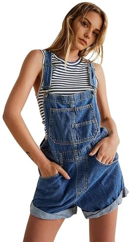 Petalum Women Denim Dungarees Shorts Jeans Jumpsuit Loose Fit Adjustable Strap Overalls Bib Shorts Vintage Washed with Multi Pockets
