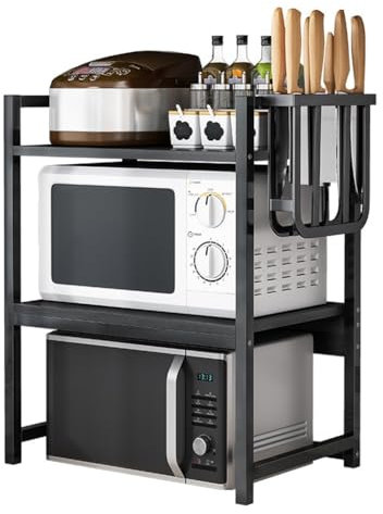 Estante para horno microondas, marco de metal ajustable, soporte de almacenamiento de cocina con soporte para cuchillos, estante de acero al carbono sobre microondas para encimera de cocina