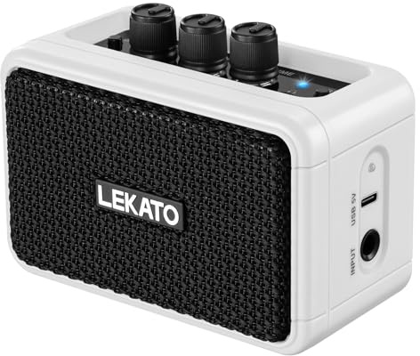 LEKATO Mini-Gitarrenverstärker, 5 W, wiederaufladbar, E-Gitarrenverstärker mit Clean/Overdriver-Effekten, Bluetooth 5.0, tragbarer Übungsgitarrenverstärker für Heimübungen und Musikparty (Weiß)