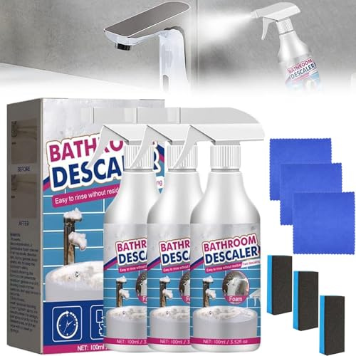 Spray de espuma descalcificadora de baño, potente removedor de cal y limpiador de espuma multiusos para baño, ducha, fregadero, vidrio, bañera y grifo, elimina manchas difíciles y depósitos de agua