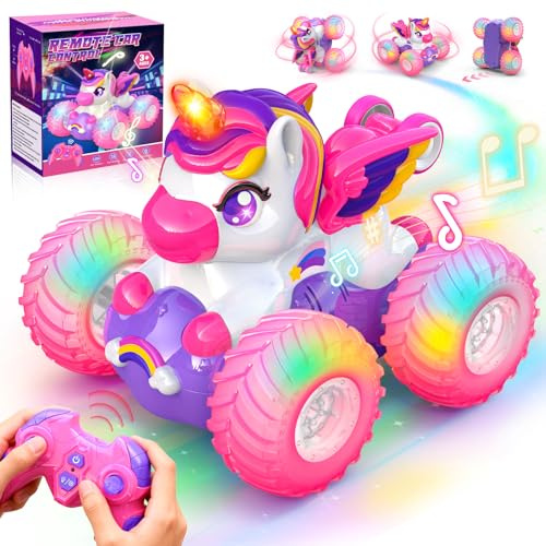 HappyGoLucky Remote Control Cars, Unicorn Gifts for Girls 3-8 year Old, Toys for 3-8 year Old Girls Birthday Presents, Rc Stunt Car With Light & 360° Upright Rotating, Outdoor Toys Garden Games