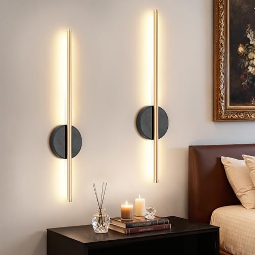 Dehobo Aplique Pared Interior Recargable, Negro Dorado Lampara de Pared | Aplique Pared Recargable con Mando, 60 cm Aplique Pared Interior Sin Cable Dimmable para Dormitorio, Comedor 2 PCS