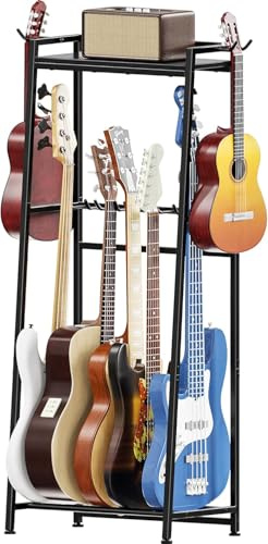 Vantimo Gitarrenständer, 2-Stöckiger Gitarrenhalter für 5-7 kustikgitarre E-Gitarre Bass Violine Ukulele Banjo Plattenspielerständer Gestelle Gitarrenzubehörständer Instrumentenständer, Schwarz