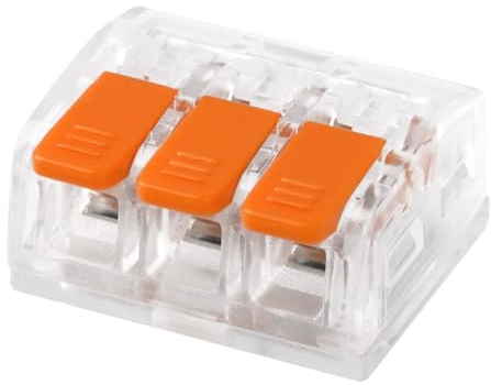 CILIA Anslutningsklämmor 3-polig med spak – 100 stycken kompakta burkklämmor för alla typer av ledare (0,2–4 mm²) – återanvändbara elektriska kabelkontakter, transparent/orange