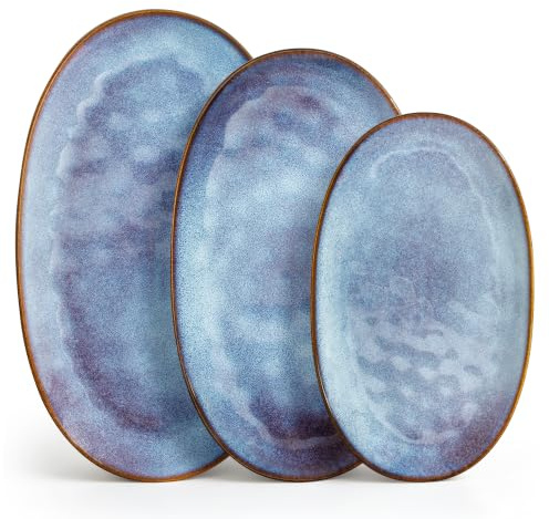 vancasso Assiette en Grès, lot de 3 Assiettes Service de Table, Service Vaisselle Ovales, Assiettes à Dessert, Assiettes de Petit-Déjeuner, Assiettes à Gâteau, Assiettes en 3 tailles, Bleu Lavande