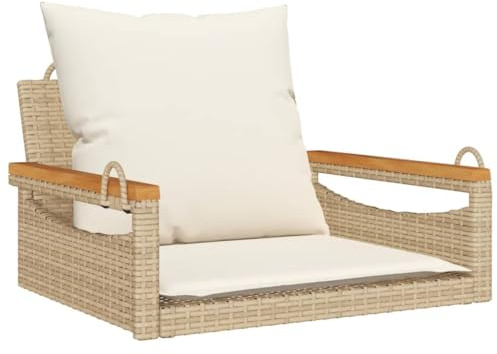 Coespram Hängesessel Beige Poly Rattan 63x62x40 cm mit cremeweißen Kissen aus Polyester, Schaukelbank für Balkon Garten Terrasse, Outdoor Sessel bis 110 kg belastbar