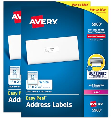 Avery Easy Peel Printable Address Labels with Sure Feed, 1 x 2-5/8 Customizable Stickers, White, 15,000 Blank Mailing Labels, Great for Mailing, Shipping, and More (2-Pack of 5960)