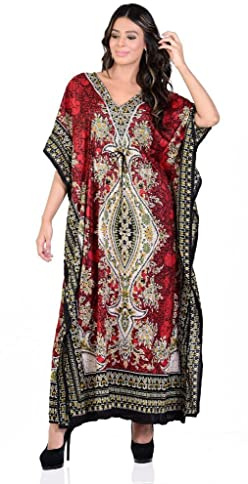 Art of Creation Women Kaftan Dress Maxi Night Gown V-Neck Long Printed Beach Coverup Red Plus Size