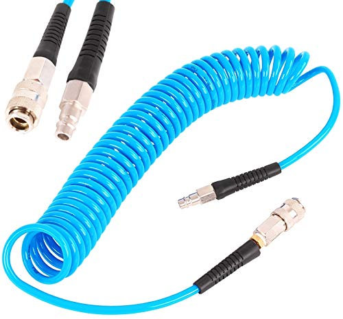 TECPO Druckluft Spiralschlauch 6 m mit Schnellkupplung und Stecknippel, Knickschutz und Luftschlauch aus PU