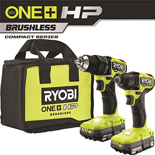 Ryobi ONE+ HP 18V Brushless Cordless Compact 1/2 in Drill and Impact Driver Kit with (2) 1.5 Ah Batteries, Charger and Bag