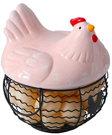 Guanan Eieraufbewahrungskorb, Hühnerform Keramik Metall Eierkorb, Eierhaushaltsaufbewahrungskorb Metallgitterdraht Eieraufbewahrungskorb, Brotkorb Obstkorb Küchenvorratskorb - Rosa (19.5 * 22cm)